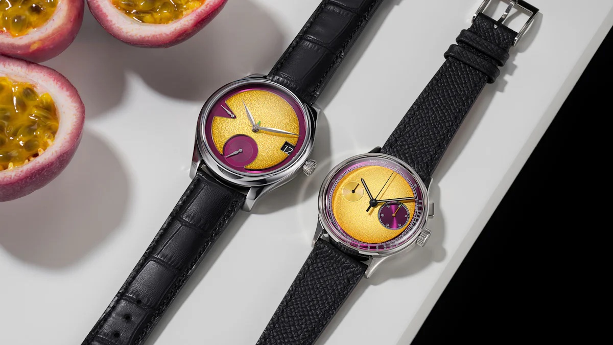 The set includes the 42mm stainless steel Endeavour Perpetual Calendar Passion Fruit by H. Moser & Cie and the 03SERIES Passi0n Fruit by Studio Underd0g.