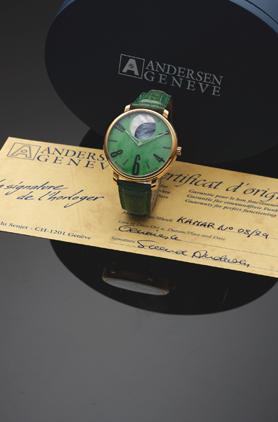 Svend Andersen Kamar No. 8 Moon Phase with Jade dial and large moon phase display. Expected to sell for $6,000 to $10,000.  